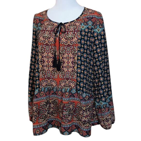 Flowy‎ Boho Blouse Peasant Top M Tiered Colorful Southwest Artsy Travel Vacation - Picture 1 of 10